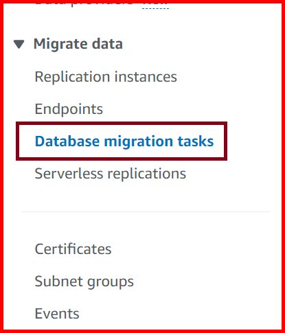 Picture showing the Database MIgration Tasks submenu in Migration data menu